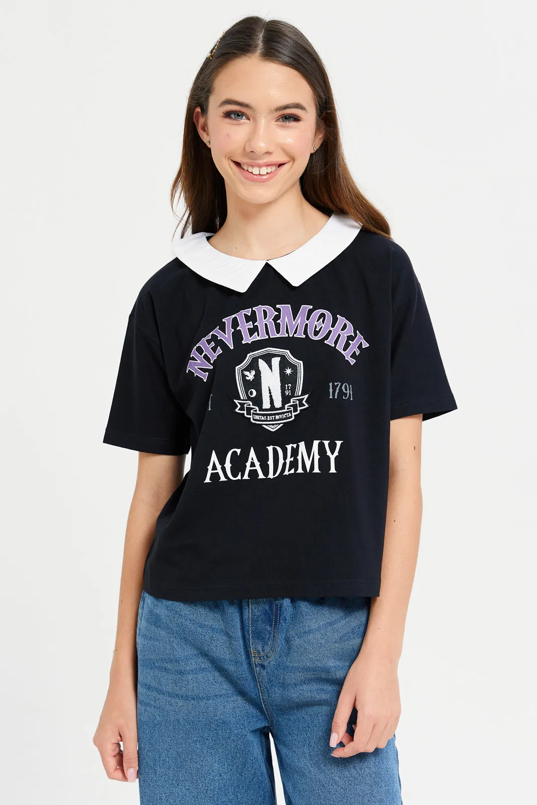 Senior Girls Black Wednesday Print Collared Top