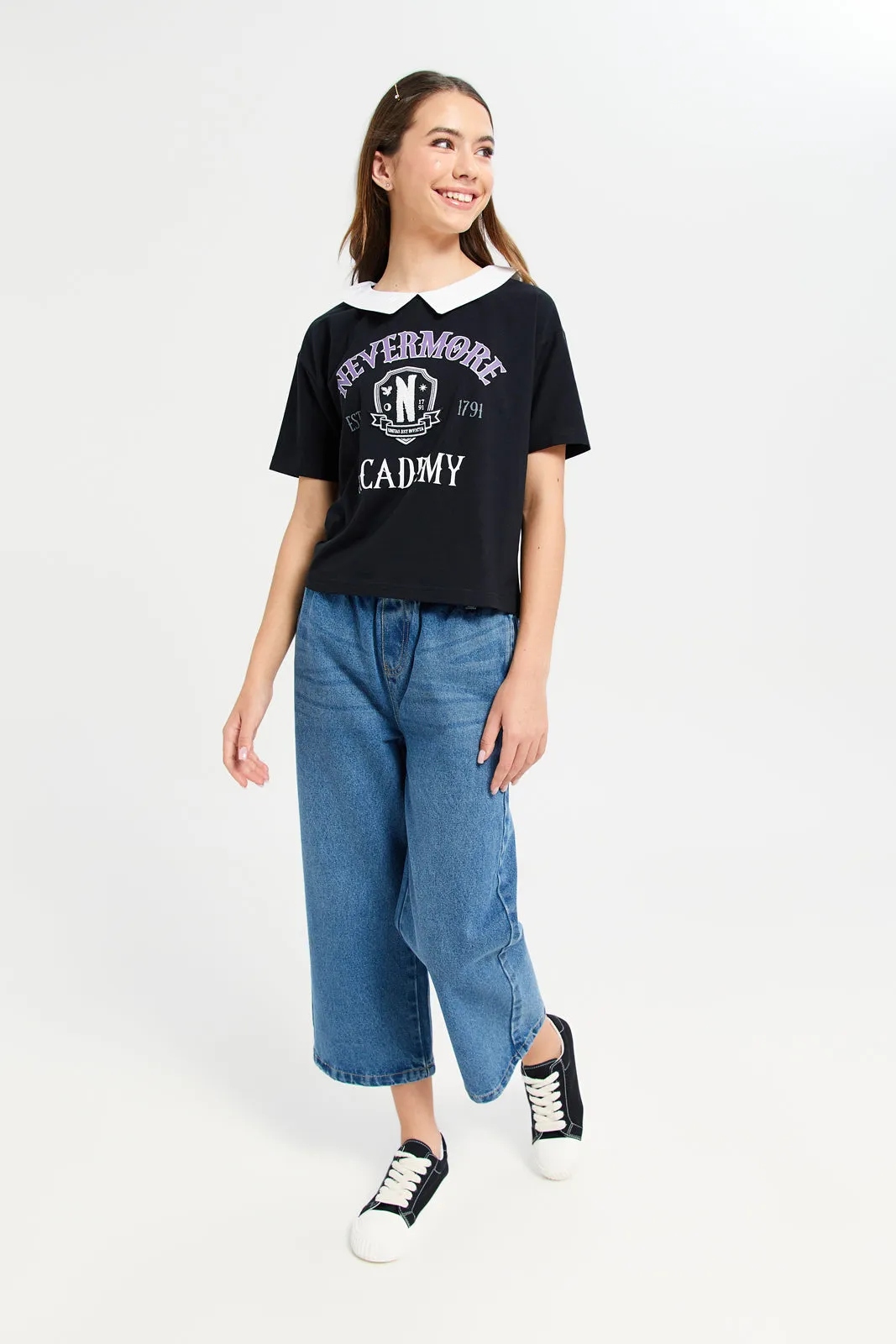 Senior Girls Black Wednesday Print Collared Top