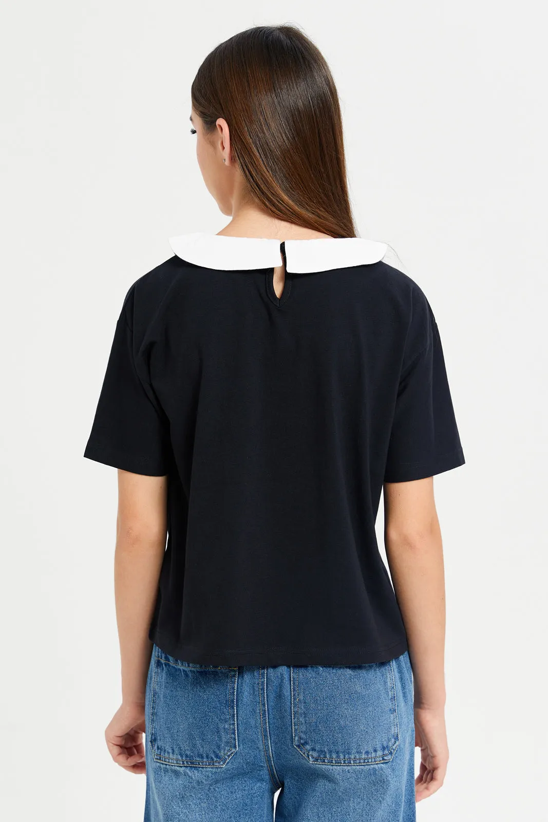 Senior Girls Black Wednesday Print Collared Top