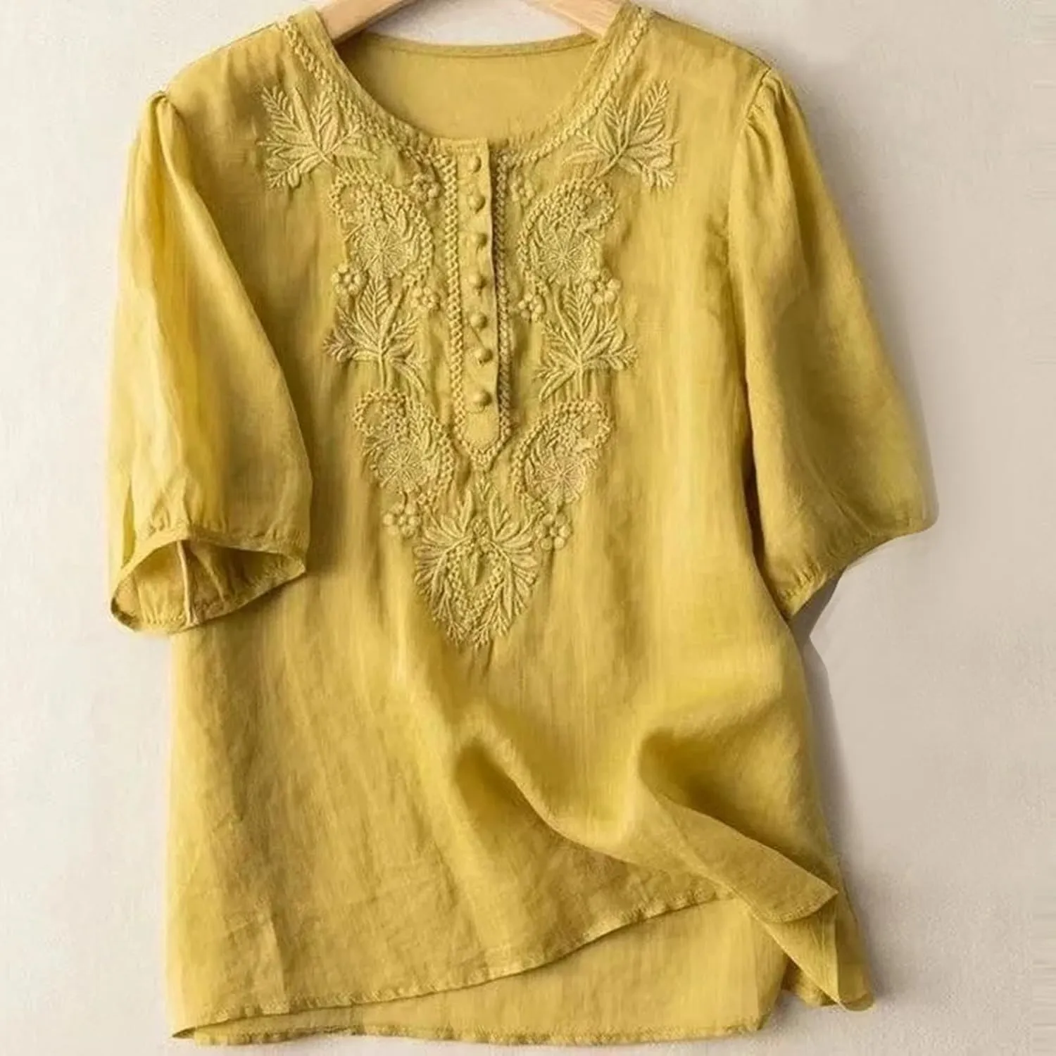 Summer Cotton Linen Tops for Women 2025 Trendy 3/4 Sleeve Boho Embroidered T Shirts Dressy Casual Vacation Blouses