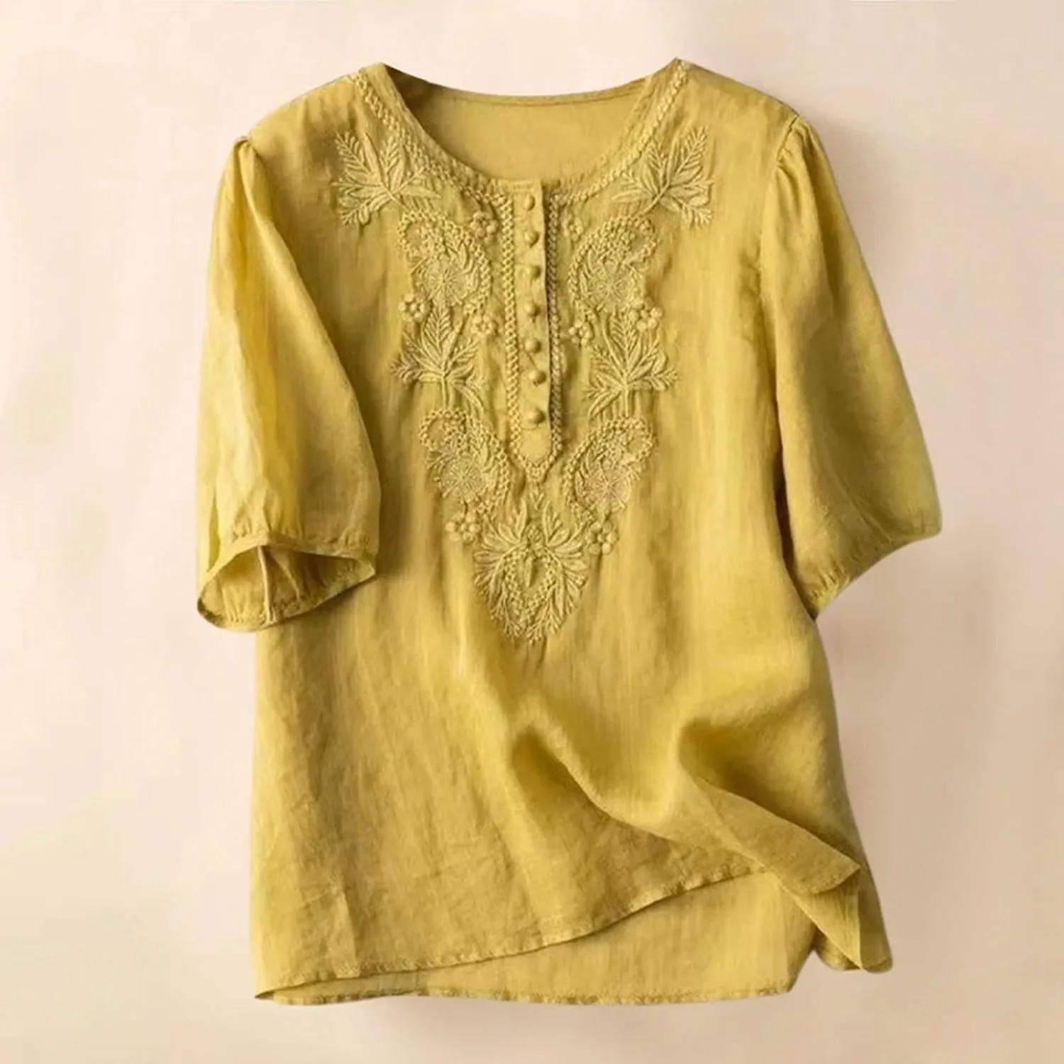 Summer Cotton Linen Tops for Women 2025 Trendy 3/4 Sleeve Boho Embroidered T Shirts Dressy Casual Vacation Blouses