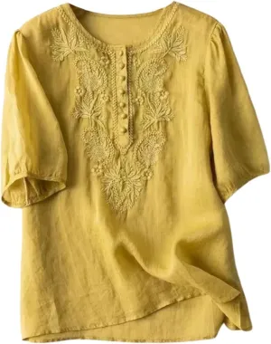 Summer Cotton Linen Tops for Women 2025 Trendy 3/4 Sleeve Boho Embroidered T Shirts Dressy Casual Vacation Blouses