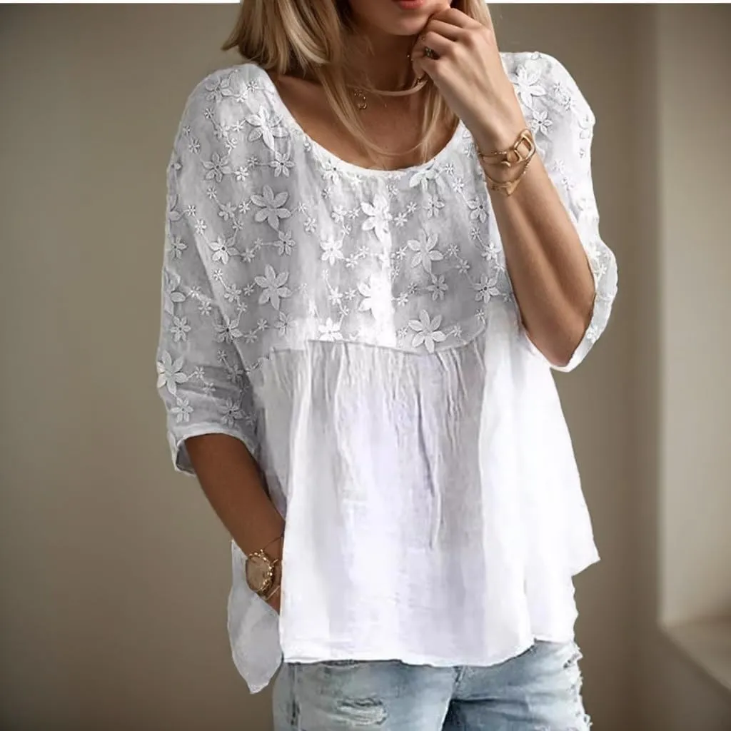 Women Flower Embroidery Lace Patchwork Linen Top Casual Half Sleeve Crewneck Shirt Oversized Blouse Comfy Shirts