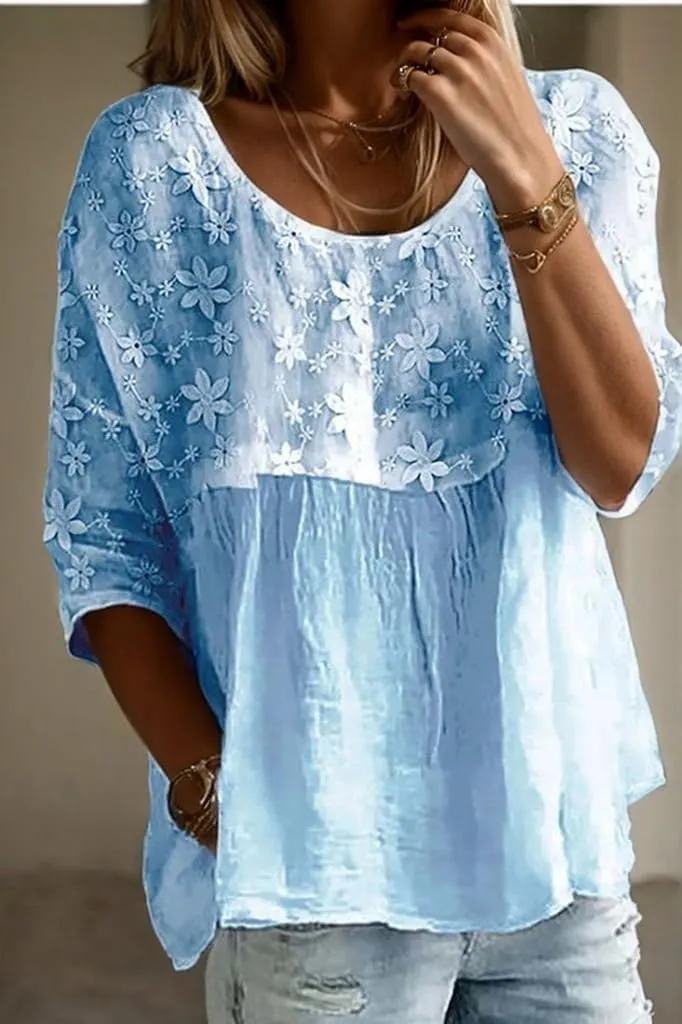 Women Flower Embroidery Lace Patchwork Linen Top Casual Half Sleeve Crewneck Shirt Oversized Blouse Comfy Shirts