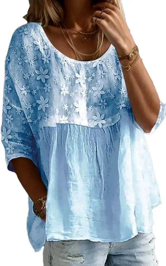 Women Flower Embroidery Lace Patchwork Linen Top Casual Half Sleeve Crewneck Shirt Oversized Blouse Comfy Shirts