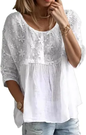 Women Flower Embroidery Lace Patchwork Linen Top Casual Half Sleeve Crewneck Shirt Oversized Blouse Comfy Shirts
