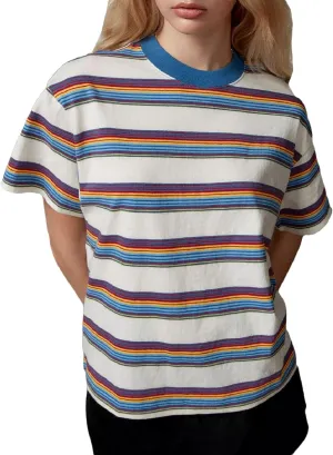Women Oversized Striped T Shirt Crewneck Short Sleeve Color Black Shirts Loose Fit Summer Boxy Tops