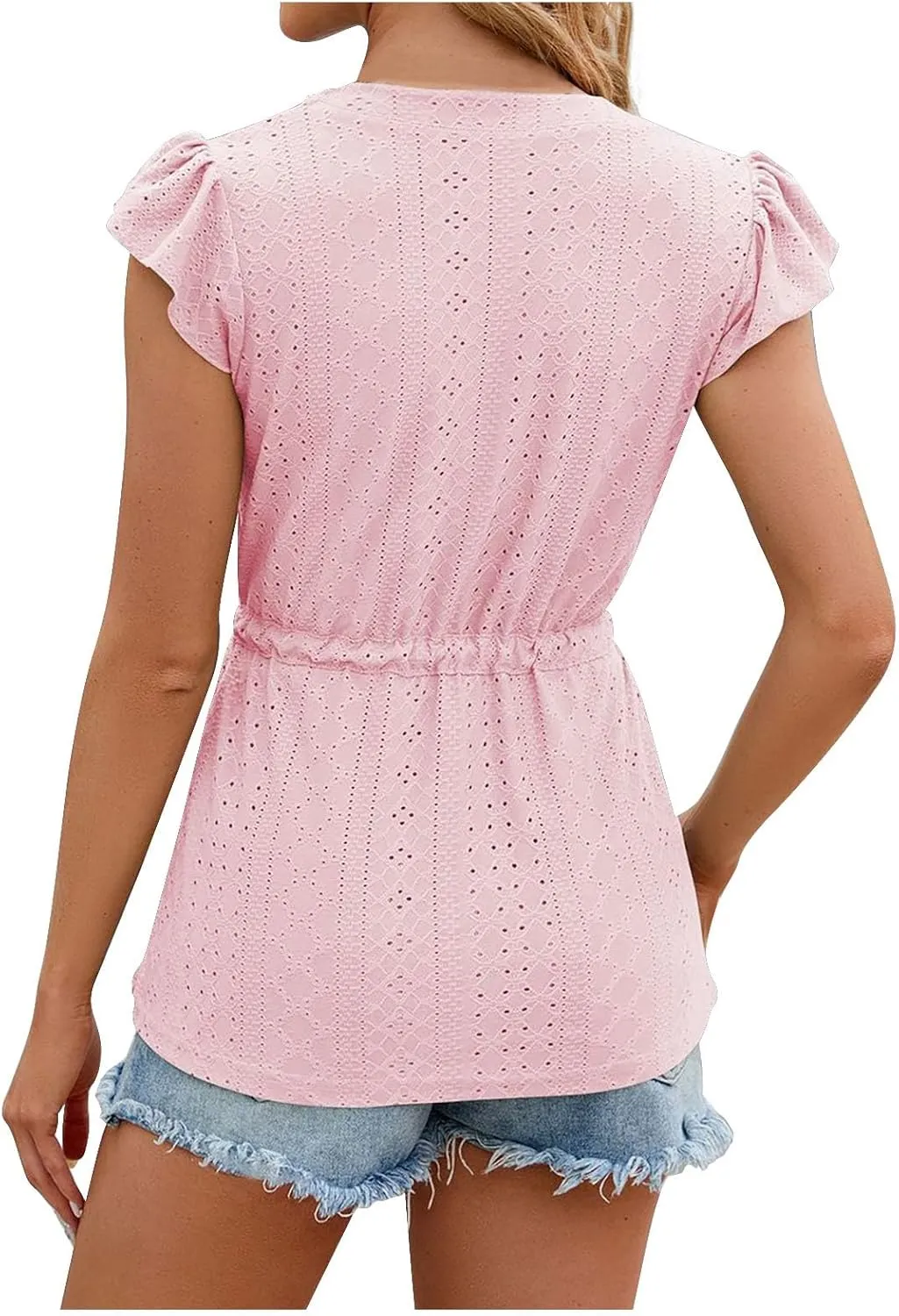 Women Ruffle Sleeve Eyelet Tops Casual V Neck Button Down Blouses Elegant Tie Waist Shirt Trendy Slim Fit Tunic Tops