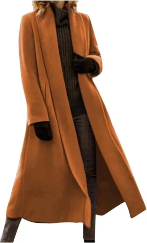 Women Winter Wool Blend Camel Mid-Long Coat Notch Double-Breasted Lapel Jacket Outwear