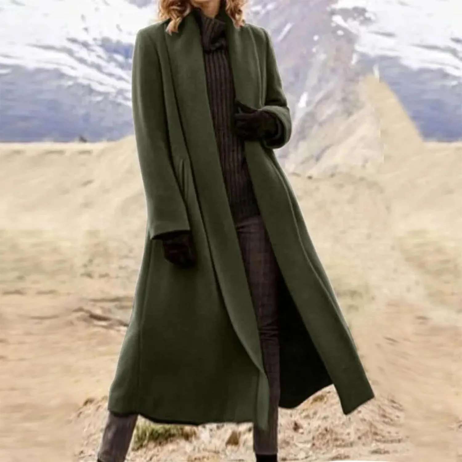 Women Winter Wool Blend Camel Mid-Long Coat Notch Double-Breasted Lapel Jacket Outwear