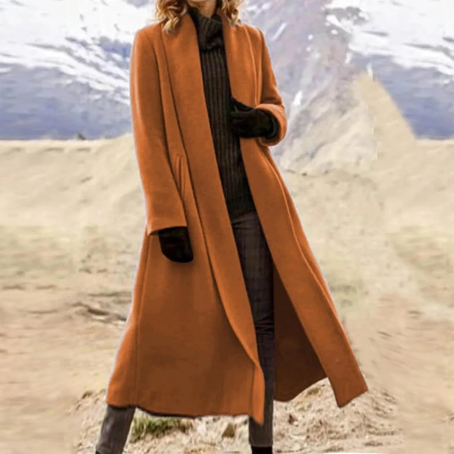 Women Winter Wool Blend Camel Mid-Long Coat Notch Double-Breasted Lapel Jacket Outwear