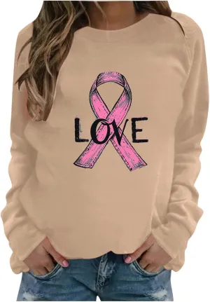 Womens Breast Cancer Shirts Letter Printed Crewneck Loose Pullover Cute Hoodies Fall Long Sleeve Regular Fit Tunics