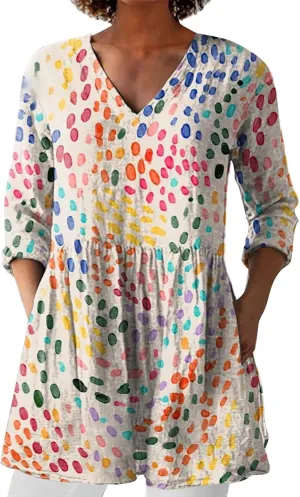 Womens Cotton Linen Tops 3/4 Sleeve V Neck Oversized T-Shirt Summer Casual Floral Gauze Blouses Dressy with Pockets