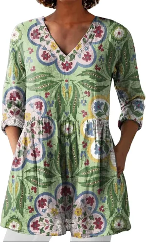 Womens Cotton Linen Tops 3/4 Sleeve V Neck Oversized T-Shirt Summer Casual Floral Gauze Blouses Dressy with Pockets