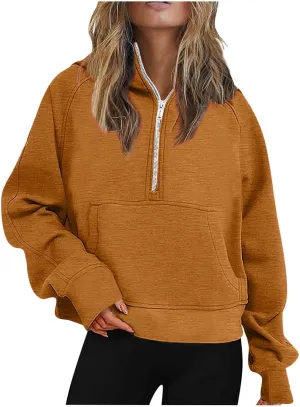 Women's Half Zip Cropped Hoodies Fall Fleece Hooded Pullover Long Sleeve Loose Sweatshirt 2025 Winter Trendy Outfits