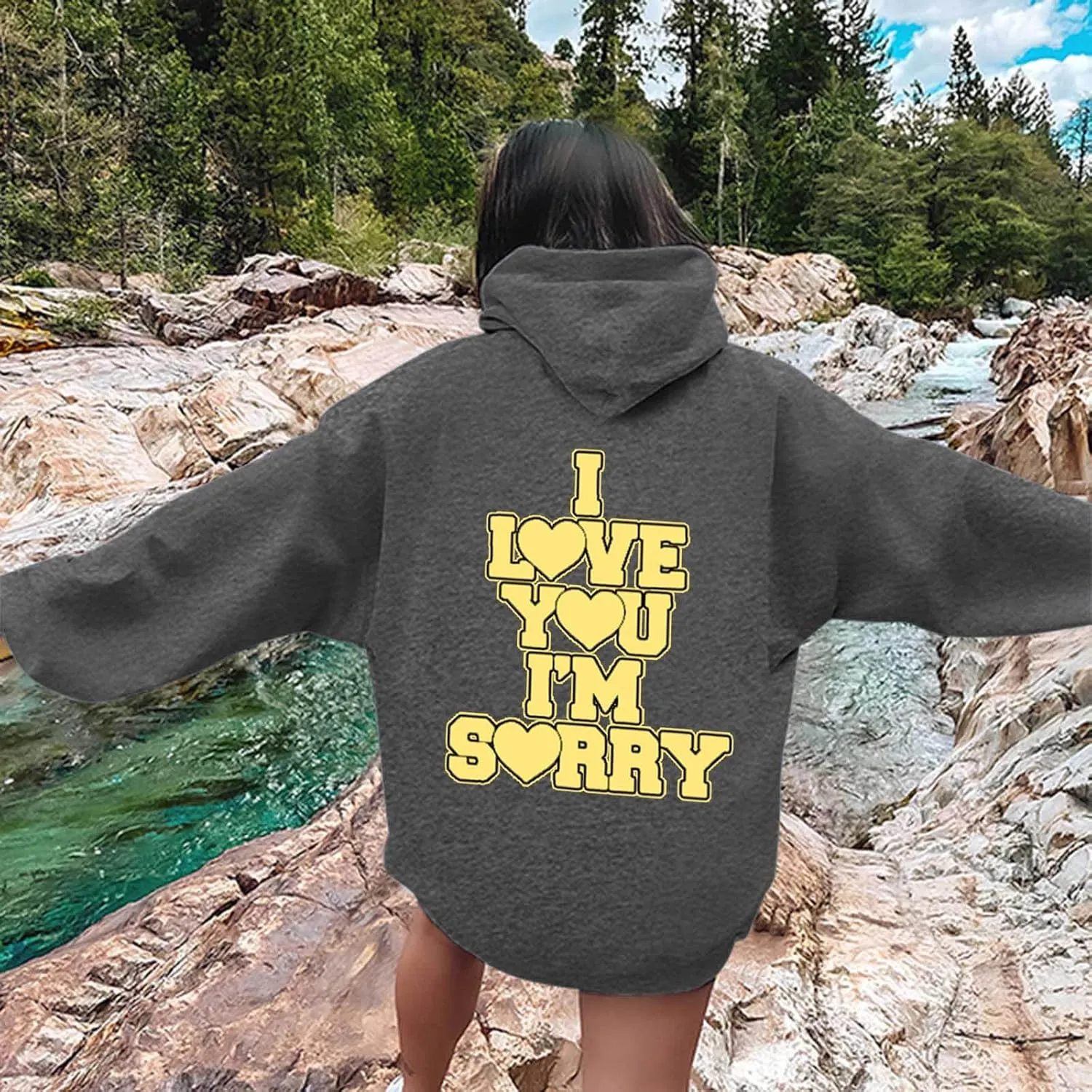 Womens I Love You I'm Sorry Letter Printed Front Back Fall Winter Hoodies Unisex Long Sleeve Hooded Sweatshirts