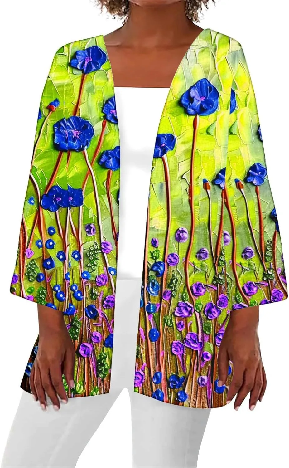 Women's Kimono Cardigan Floral Print Beach Cover Ups 3/4 Sleeve Boho Casual Open Front Tops Hawaii Vacation Outfits