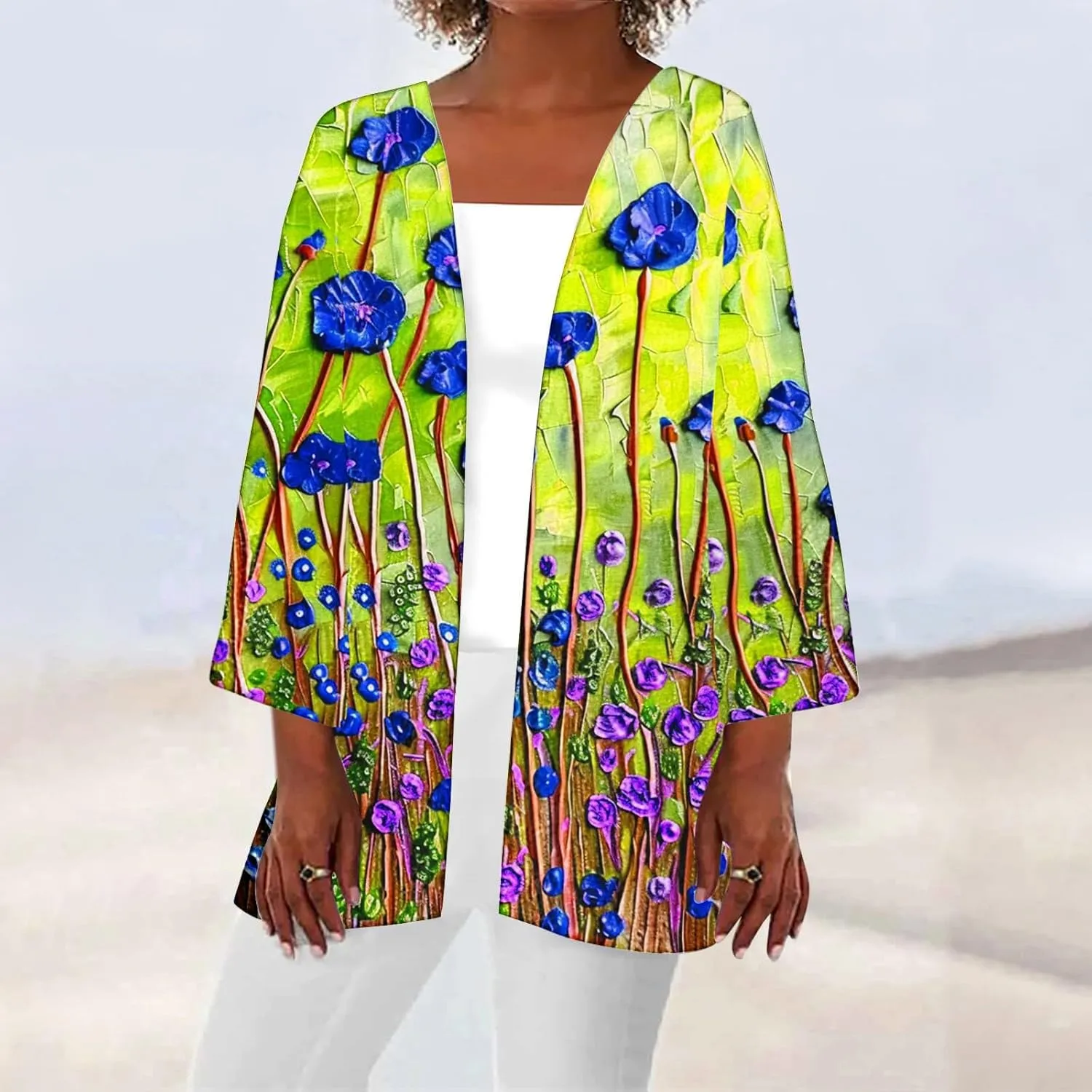 Women's Kimono Cardigan Floral Print Beach Cover Ups 3/4 Sleeve Boho Casual Open Front Tops Hawaii Vacation Outfits