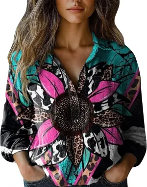 Womens Linen Button Down Shirts Retro Floral Printed V Neck Long Sleeve Blouse Collared Boho Casual Tops with Pocket