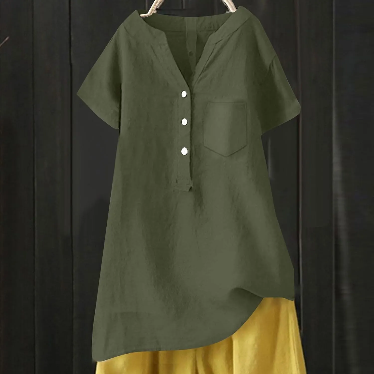 Women's Linen Button Down Shirts Summer Short Sleeve V Neck Floral Tshirts Plain Blouses Casual Loose Fit Tunic Tops