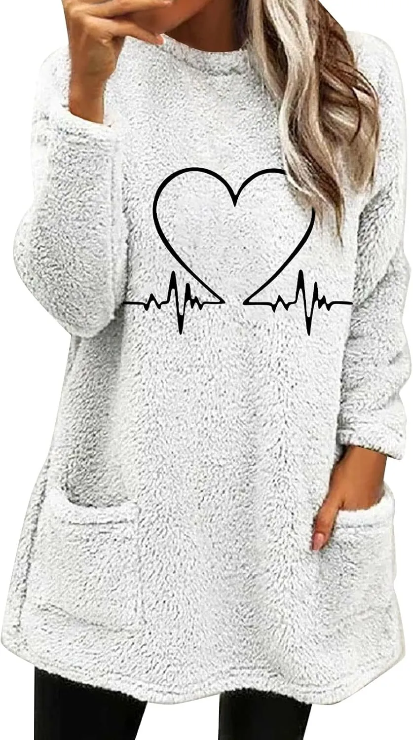 Women's Sherpa Sweatshirts Pockets Casual Pullover Sweaters Long Sleeve Heart Printed Coral Fleece Warm Winter Tops