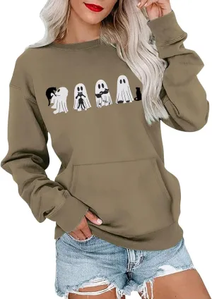 Womens Sweatshirts Halloween Cute Printed Hoodless Round Neck Loose Fit Pullover Hoodies Fall Casual Long Sleeve Tops