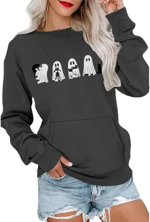 Womens Sweatshirts Halloween Cute Printed Hoodless Round Neck Loose Fit Pullover Hoodies Fall Casual Long Sleeve Tops